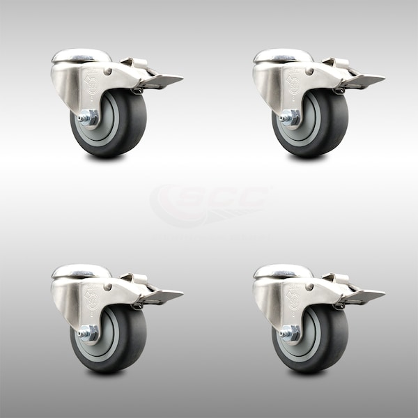 3 Inch 316SS Thermoplastic Rubber Swivel Bolt Hole Caster Set with Lock Brake